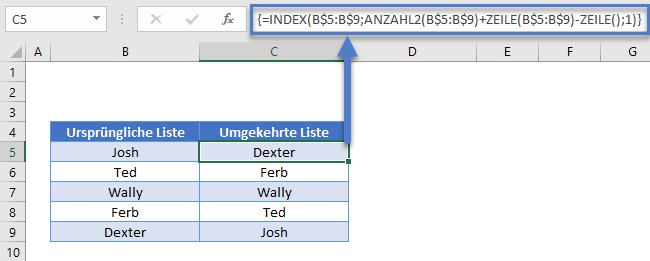 Reihenfolge Liste oder Bereich umkehren mit INDEX ANZAHL2 ZEILE Funktion