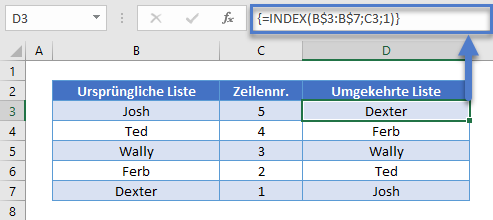 Reihenfolge Liste oder Bereich umkehren mit INDEX Funktion