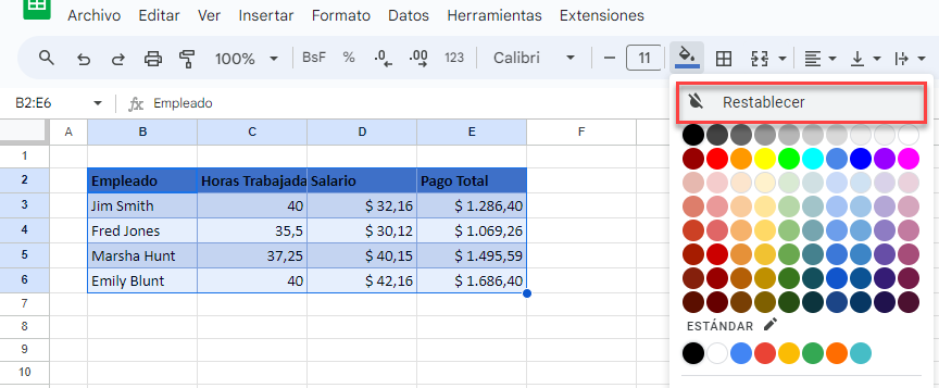 Restablecer Color de Relleno en Google Sheets