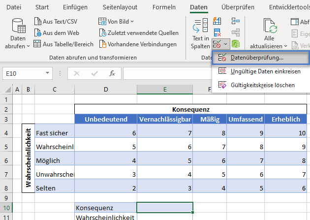 Risikomatrix Datenueberpruefung in Excel