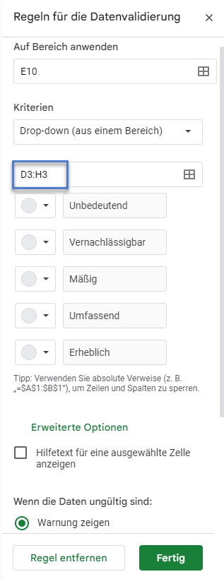 Risikomatrix Datenvalidierung in Google Sheets festlegen