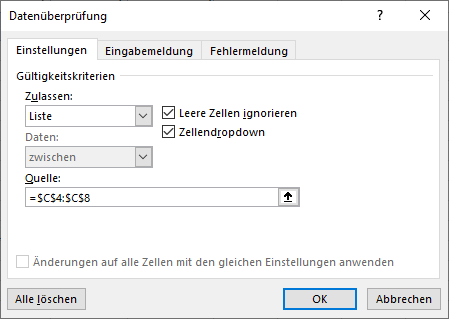 Risikomatrix Wahrscheinlichkeits Dropdown Liste auffuellen