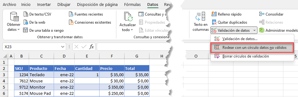 Rodear con un Círculo Datos No Válidos