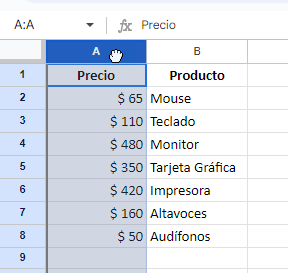 Seleccionar Columna para Arrastrar en Google Sheets