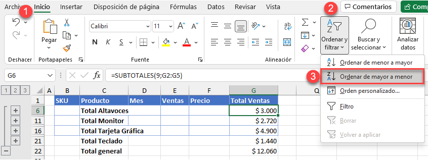 Seleccionar Columna para Ordenar Descendente