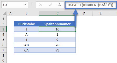 Spaltenbuchstaben in Nummern umwandeln SPALTE INDIREKT Funktion