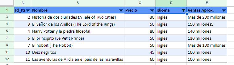 Tabla Filtrada en Google Sheets