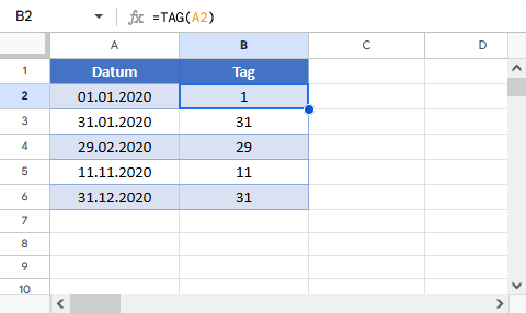 Tag aus Datum extrahieren Google Sheets