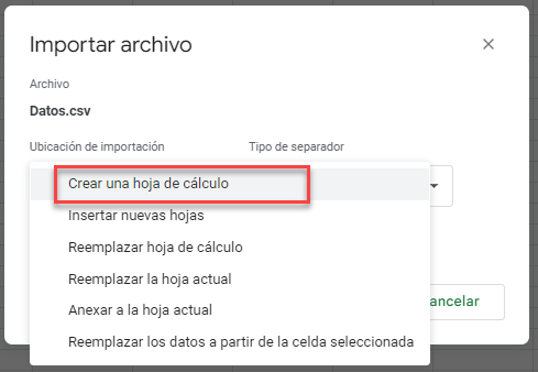 Ubicación de Archivo a Importar en Google Sheets