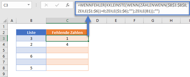 Uebersprungene Zahlen in Folge auflisten mit WENNFEHLER