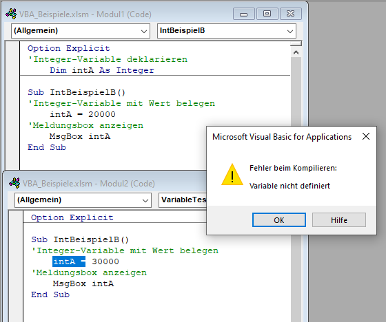 VBA Integer Variable Kompilierfehler