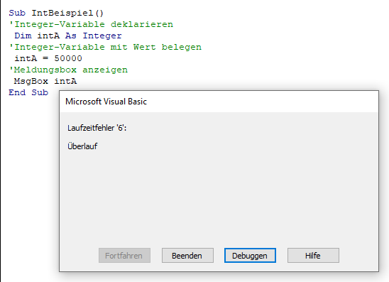 VBA Interger Variable Laufzeitfehler