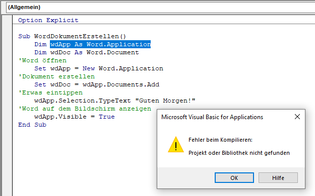 VBA Kompilierfehler Projekt oder Bibliothek nicht gefunden