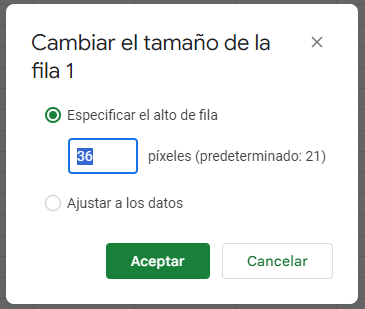 Ventana Cambiar Tamaño de Fila en Google Sheets