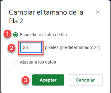 Ventana Cambiar Tamaño de Fila2 en Google Sheets