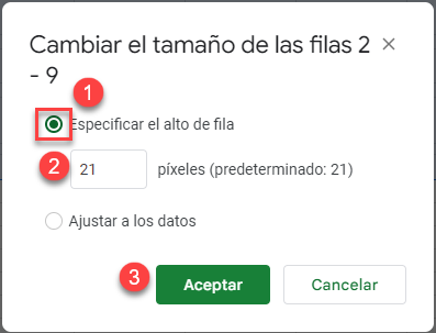 Ventana Cambiar Tamaño de las Filas en Google Sheets