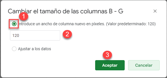 Ventana Cambiar el Tamaño de las Columnas en Google Sheets