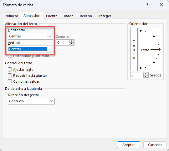 Ventana Formato de Celdas Alineación del Texto