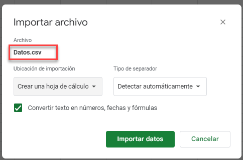 Ventana Importar Archivo en Google Sheets