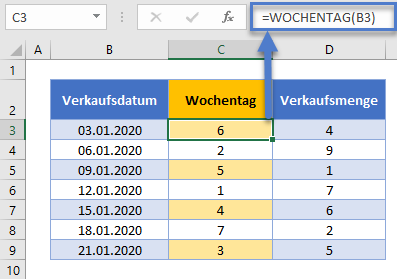 Wochentagnummer mit WOCHENTAG Funktion ermitteln