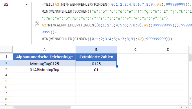 Zahlen aus Zeichenkette suchen extrahieren Google Sheets