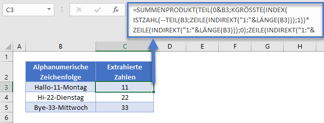 Zahlen aus Zeichenkette suchen extrahieren SUMMENPRODUKT Funktion