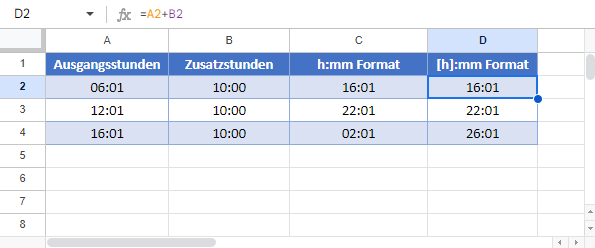 Zeit summieren in Google Sheets