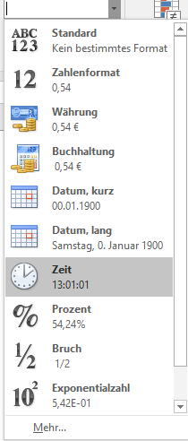 Zeitformat in Excel Formatauswahl