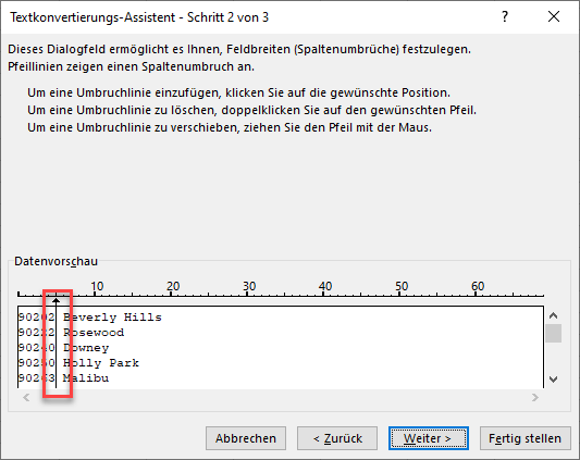 Zelle in zwei Spalten Trennlinie setzen