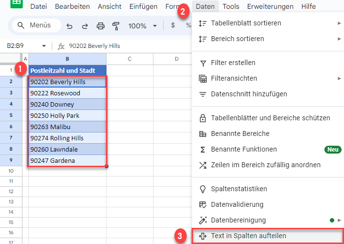 Zelle in zwei Spalten aufteilen Google Sheets