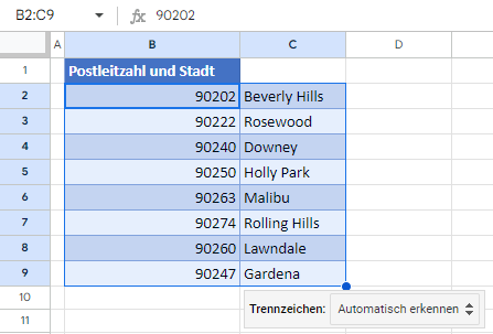 Zelle in zwei Spalten in Google Sheets aufgeteilt