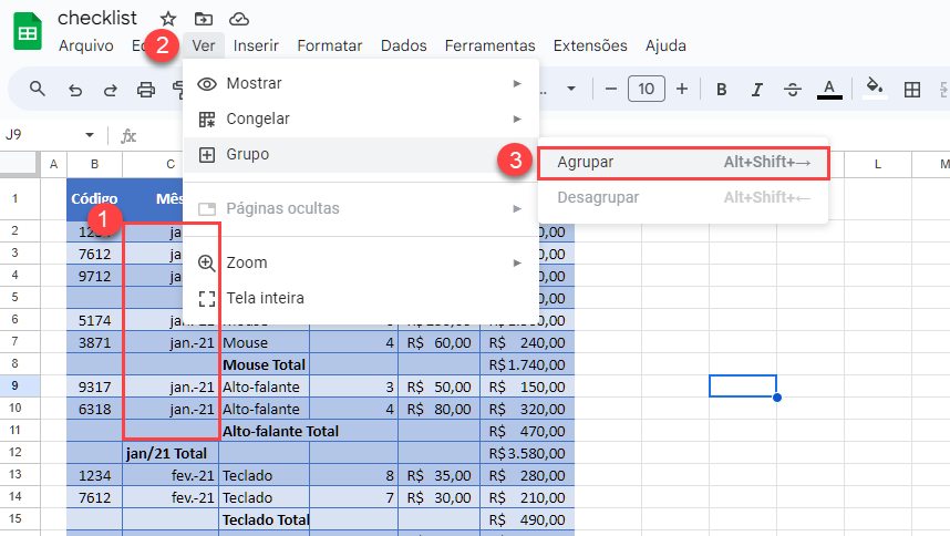 agrupamento valores google