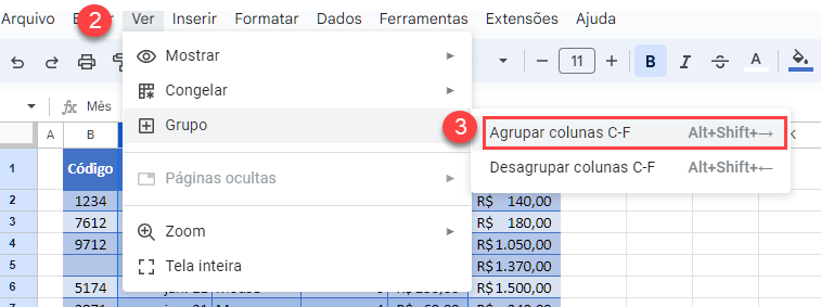 agrupando desagrupando colunas google
