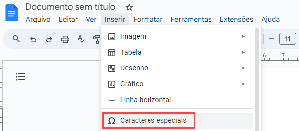 caracteres especiais google docs