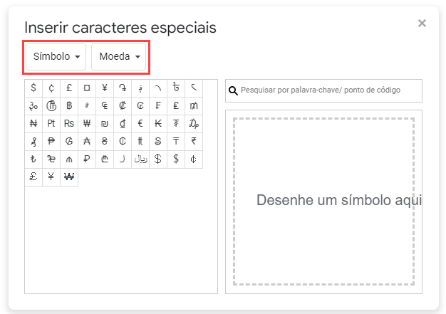 caracteres especiais moedas google