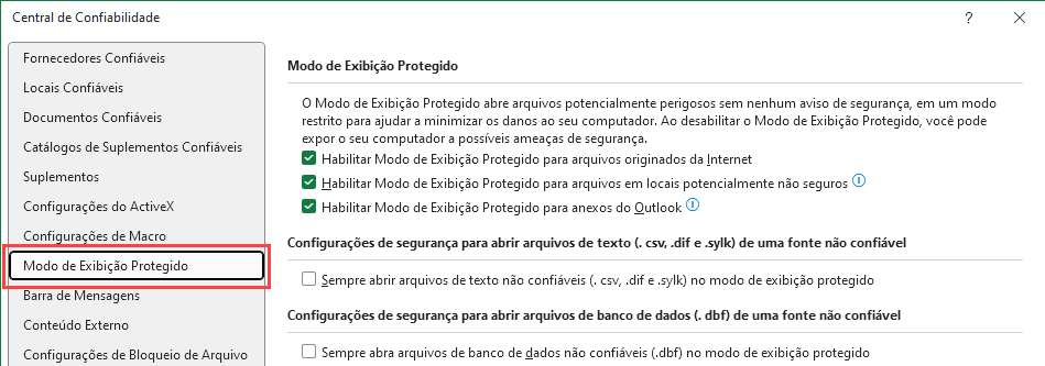 central confiabilidade excel opções