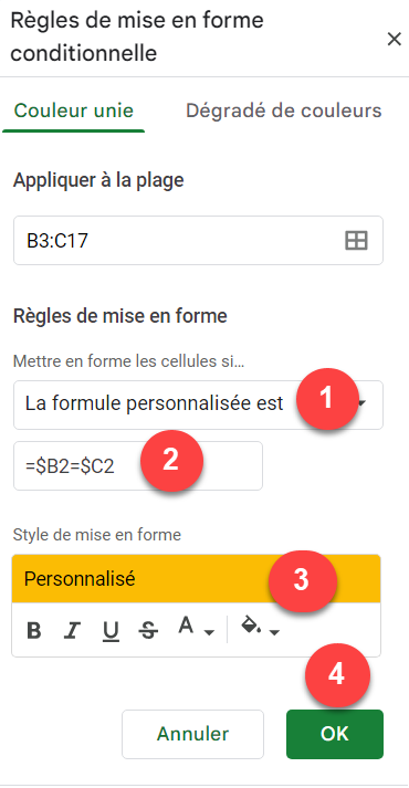 comparaison deux colonnes formule perso