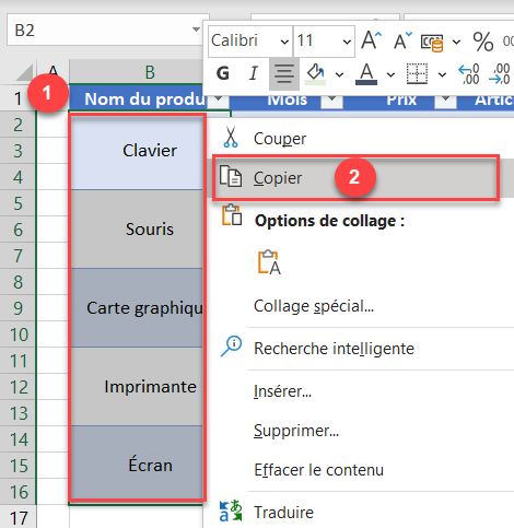 copier cellules B2 nom produit