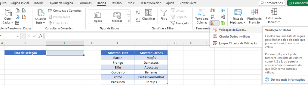 dropdown validacao dados