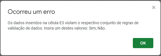 erro valor inserido validação