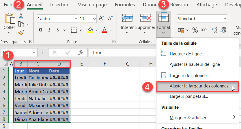 excel ajuster cellule format colonne