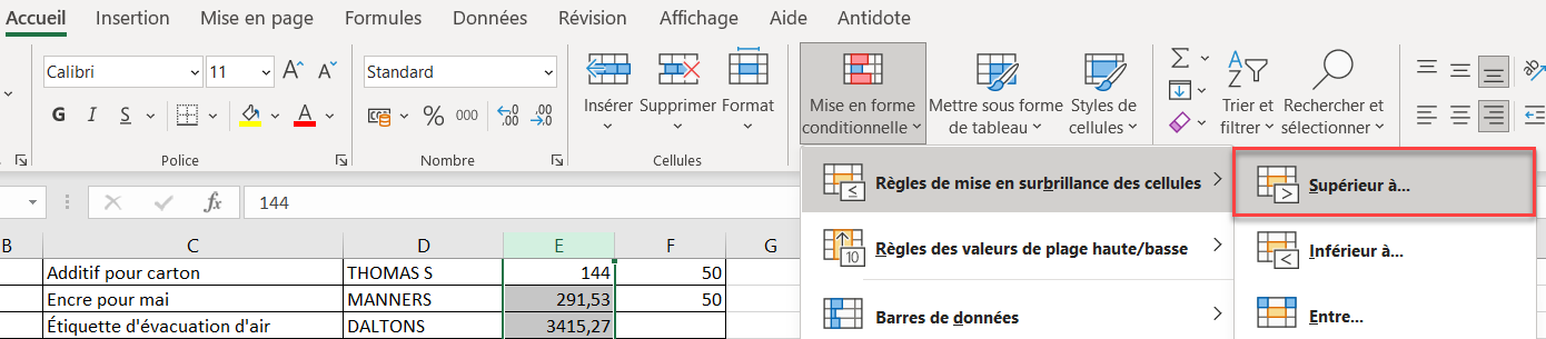 excel appliquer colonne superieur a