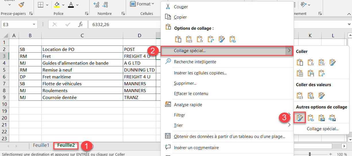 excel appliquer feuille coller