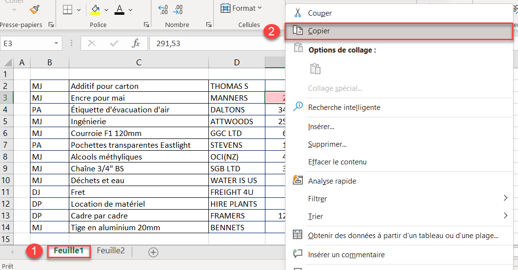 excel appliquer feuille copier