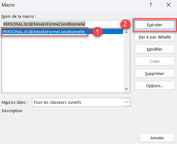 excel appliquer feuille executer macro