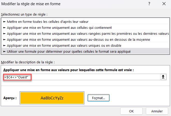 excel base formule different ouest