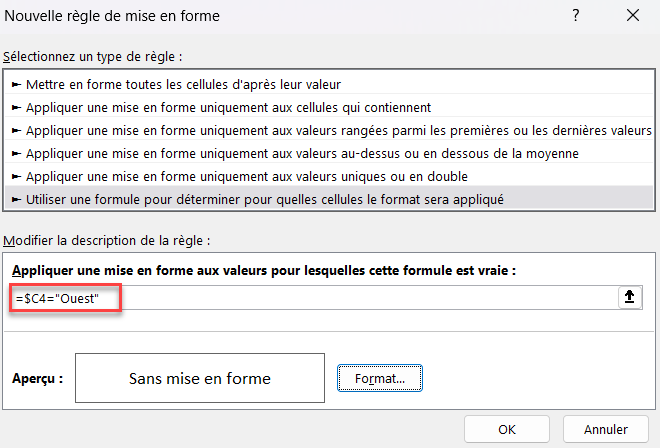 excel base formule egal ouest