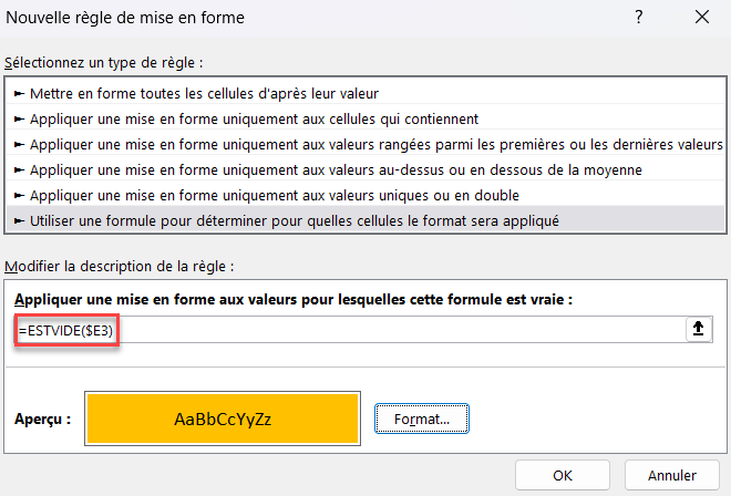 excel base formule estvide