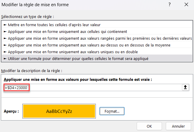 excel base formule inferieur 23000