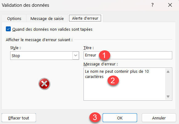 excel limite caracteres validation alerte